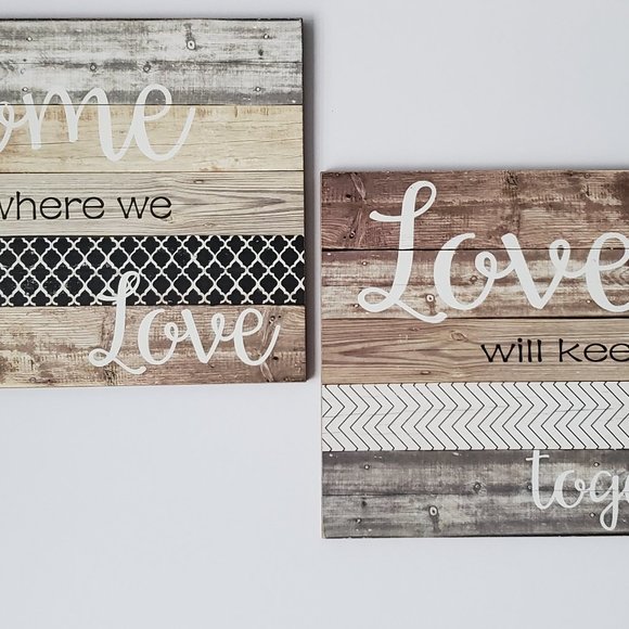 Rustic Wood Wall Decor 2pcs HOME & LOVE theme Chevron Lattice Cottagecore Signs - Picture 4 of 8